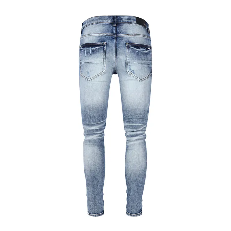 Latest Street Fashion Men's Light Blue Jeans Retro Elastic Slim Fit Split Washed Jeans Men's Designer Hip Hop Brand Patch Pants