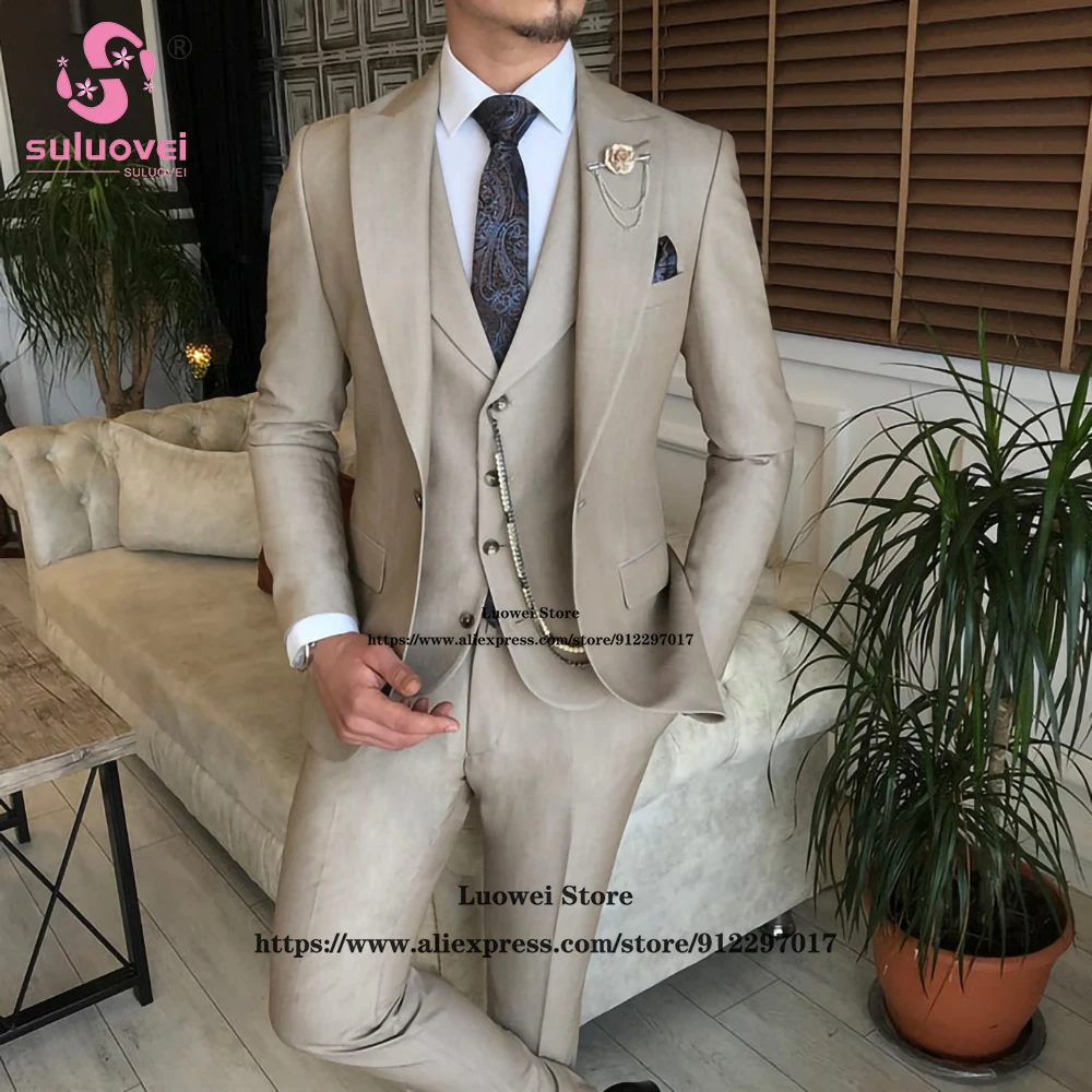 

Fashion Business Slim Fit Suit For Men 3 Piece Jacket Vest Pants Set Male Office Blazer Formal Groom Wedding Peaked Lapel Tuxedo