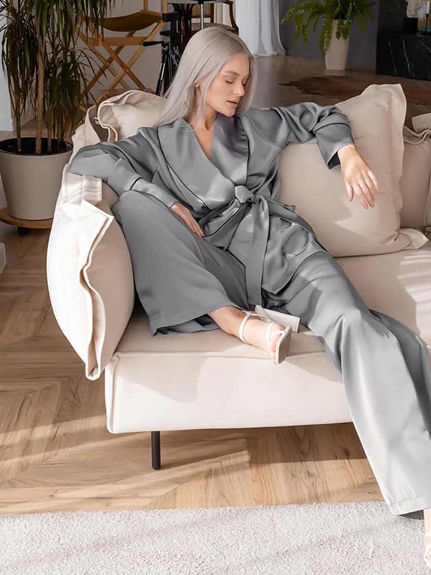 Marthaqiqi Fashion Female Sleepwear Set Turn-Down Collar Pajamas Long Sleeve Nightwear Lace Up Pajamas Pants Women Nightie Suit