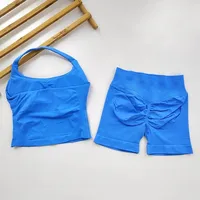 Yoga 2 Pieces Gym Set Women Backless Halter Tops High Waist Seamless Shorts Gym Suit Fitness Sports Bras Sportswear Workout Sets - Image 3