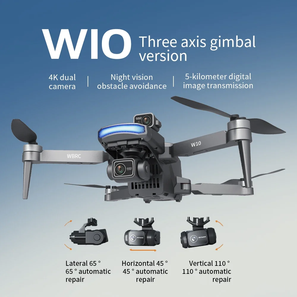 Vue rapprochée du drone professionnel W10 8K GPS stabilisé 3 axes avec écran montrant la caméra et le cardan
