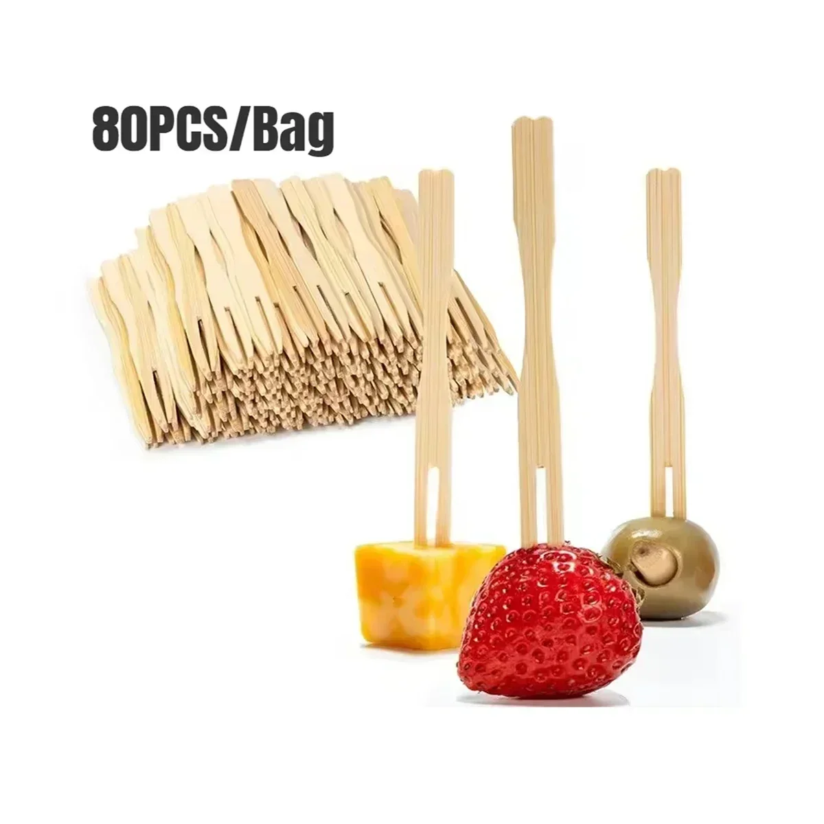 80pcs Disposable Bamboo Fruit Fork for Cake and Dessert