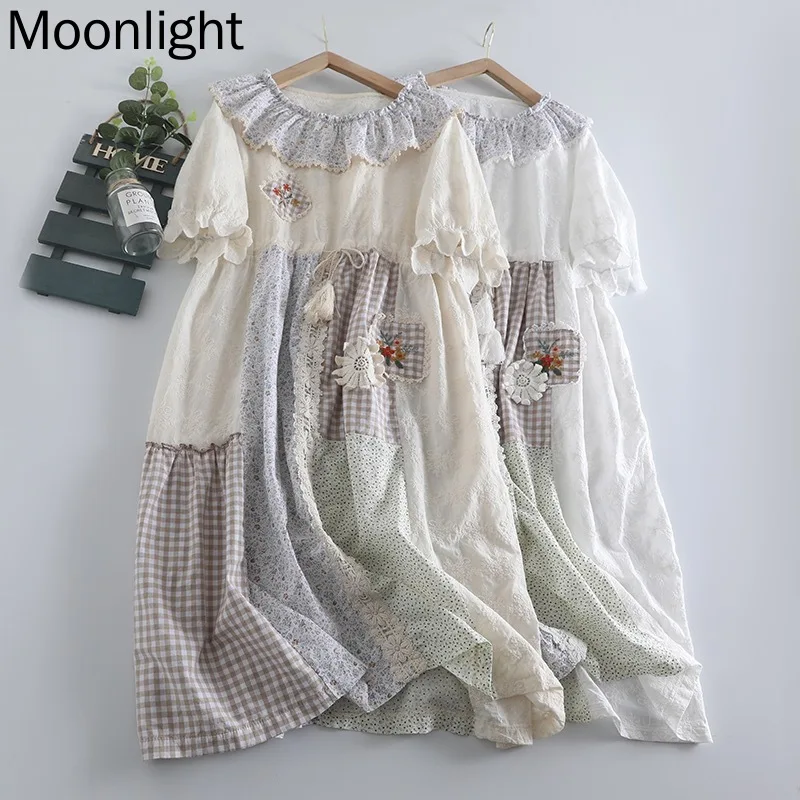 

Japan Mori Girl Cotton Linen Dress Women Sweet Vintage Embroidery Plaid Lace-up Loose Sundress Elegant Ruffled Collar Long Dress