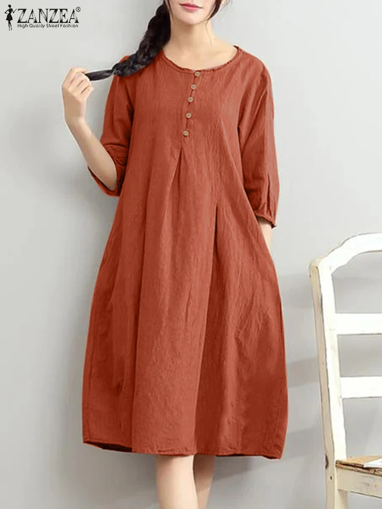 

ZANZEA Women Spring Dresses Casual Cotton Robe Solid Loose Holiday Sundress Fashion Summer Dress Vintage O Neck Midi Vestidos