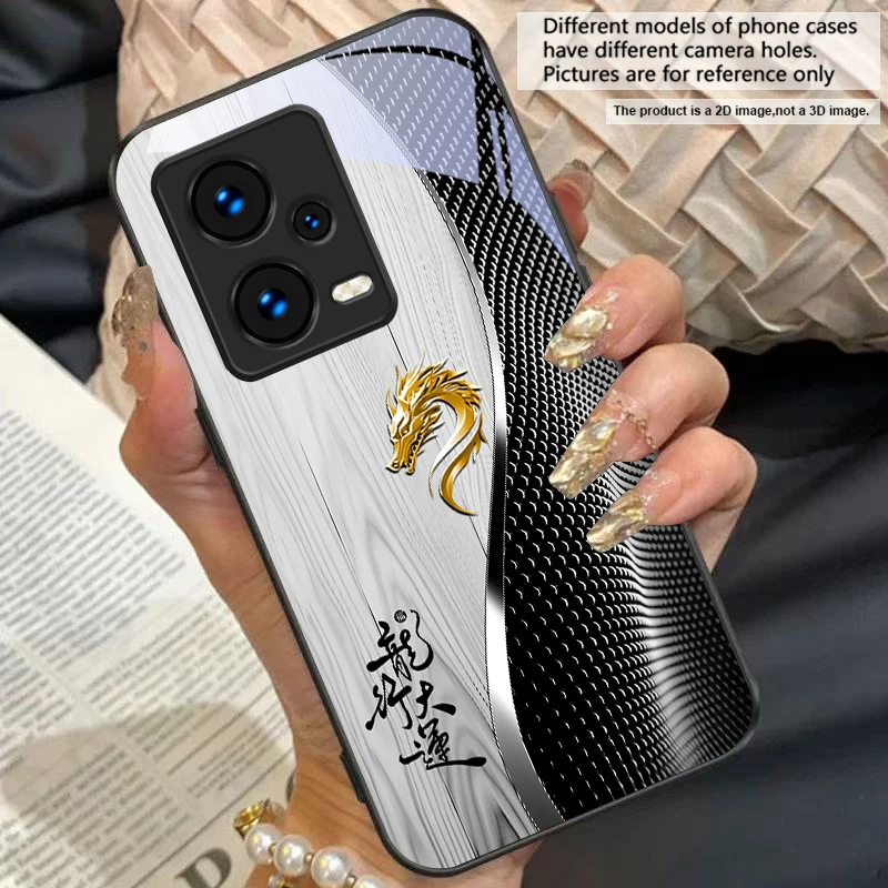 Elegant Black Tempered Glass Phone Case with Traditional Dragon Totem Design