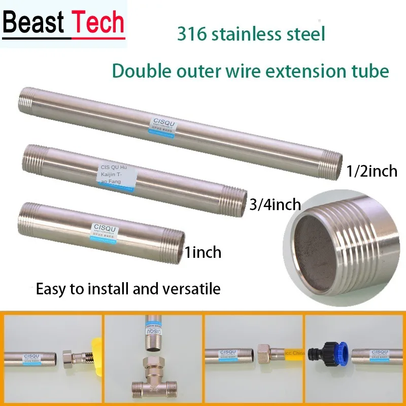 

316 Stainless Steel Extension Tube 1/2IN 3/4IN 1 IN Natural Gas Solar Water Heater Pipe Double Head External Wire Extension Tube
