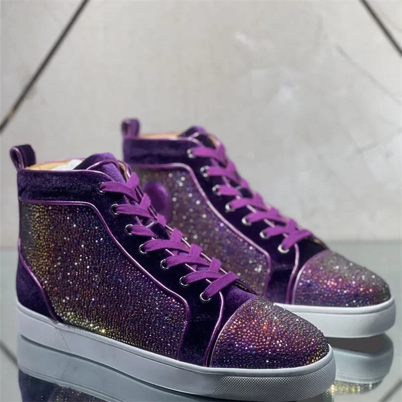 Luxury High Top Purple Diamond Crystal Red Bottoms Shoes For Men's Casual Flats Loafers Women Couple Wedding Rhinestone Sneakers 2