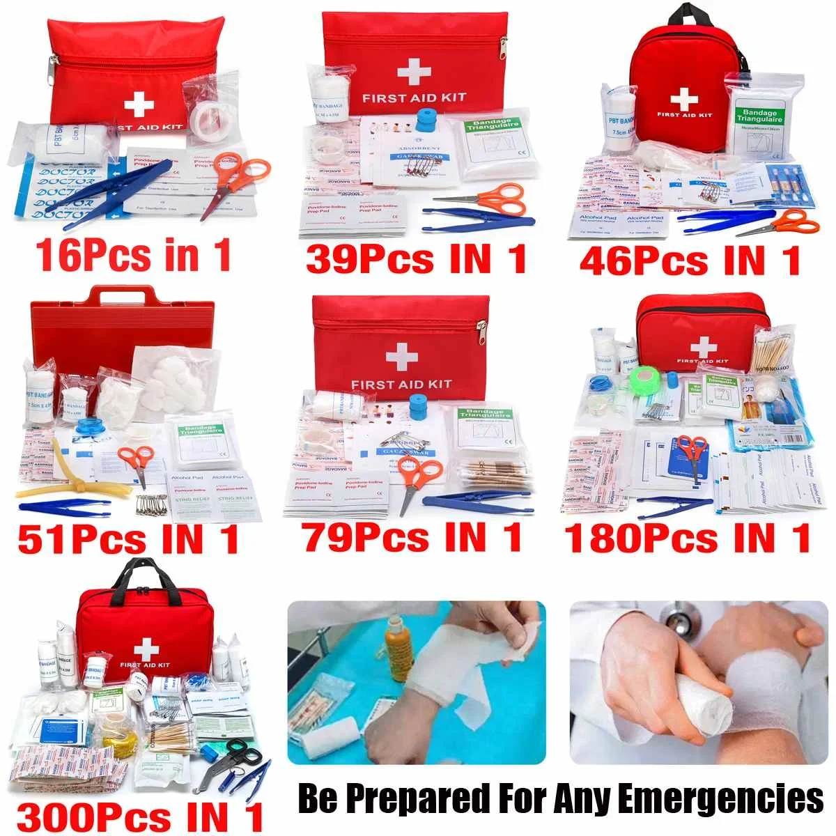 Kit de survie d'urgence portable, trousse de premiers soins, sac médical, sac à main d'urgence, extérieur, camping, randonnée, unidirectionnel, 16-300 pièces