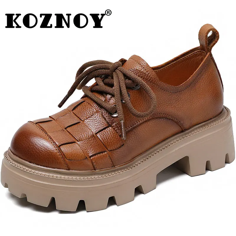 

Koznoy New Moccasin Chunky Woman 6cm Weave Genuine Leather Platform Fashion Autumn Spring Designer Sneakers Female Lace Up Shoes