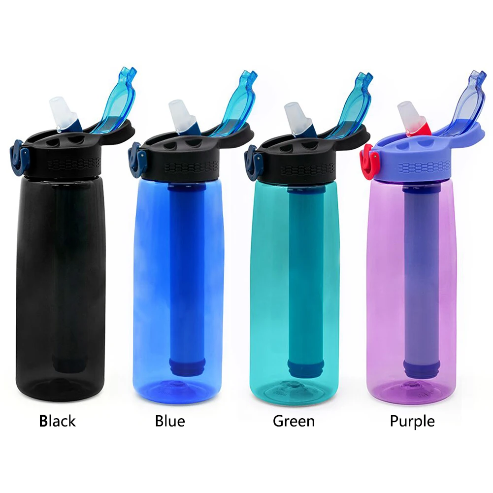 650ML Leak-Proof Outdoor Water Bottle Drinking Water Filter Bottle BPA-Free Sports Bottle for Hiking Camping Survival Traveling