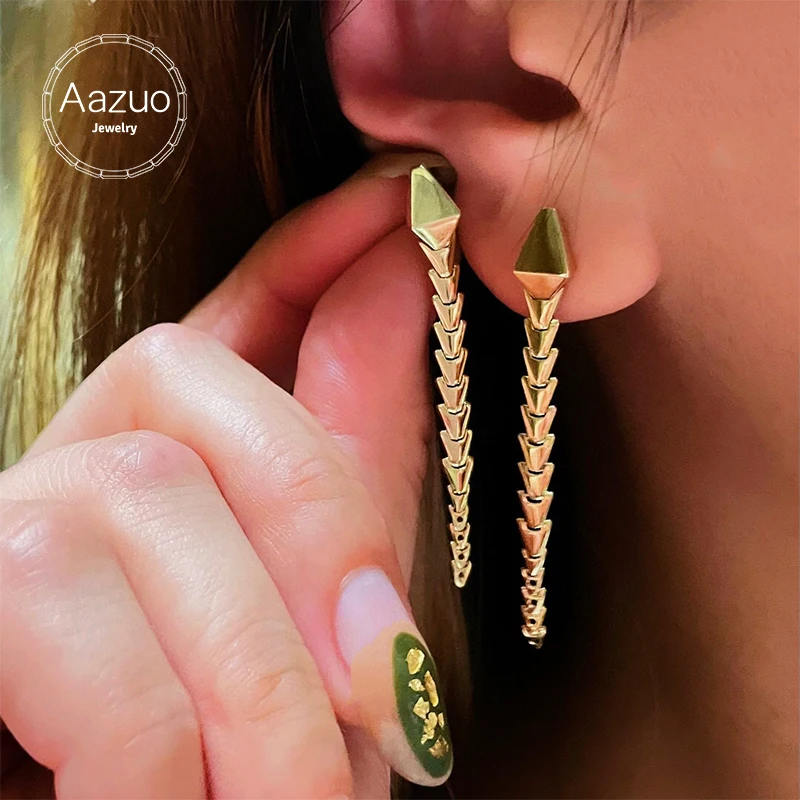 Aazuo 18K Pure Yellow Gold None Stones Fashion Animal Snake Stud Earring Gifted For Girl Birthday Party Fine Jewelry