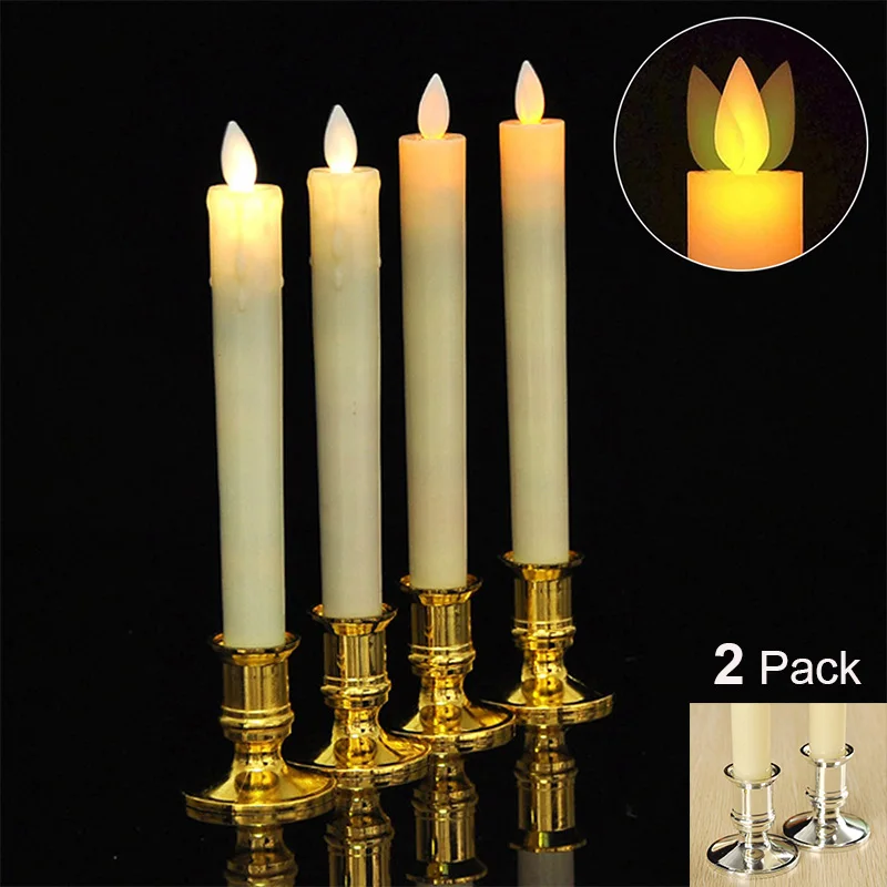 2X LED Taper Flameless Candles Moving Flame Dripping Wax Candles Lights