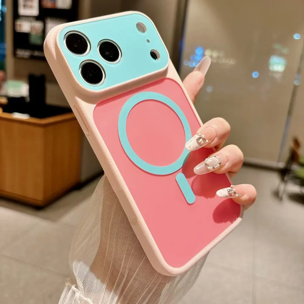 Vibrant Color Block Shockproof Phone Case with Magnetic Charging Compatibility