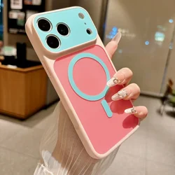 Vibrant Color Block Shockproof Phone Case with Magnetic Charging Compatibility - iPhone 15 (Pink Rose Red)