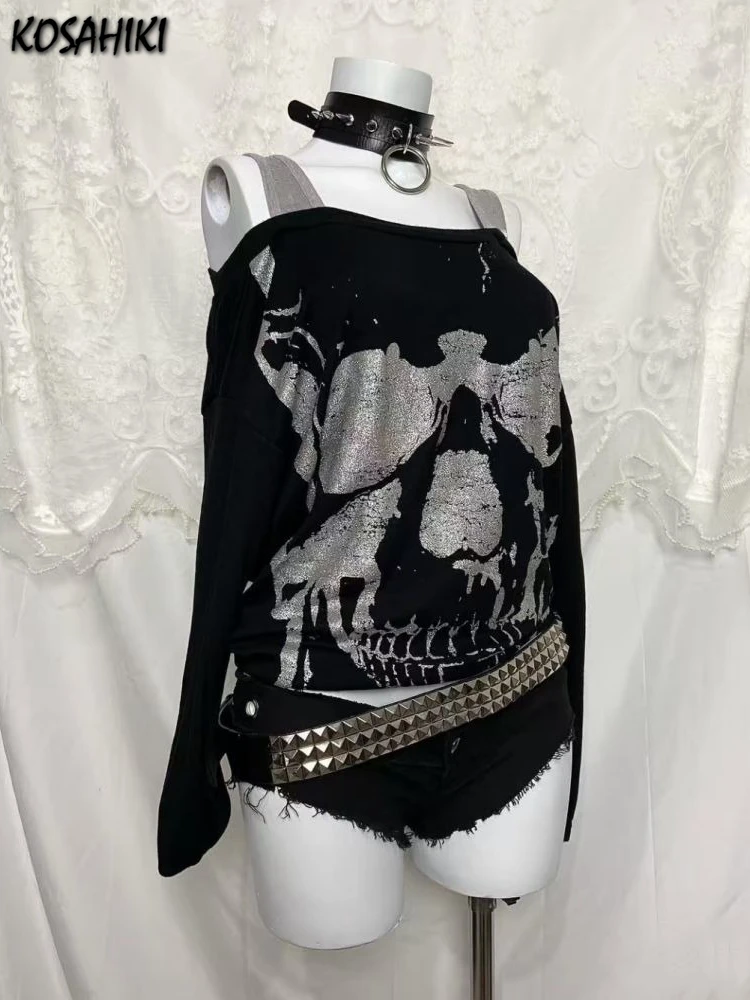 Y2k Fake Two Pieces Vintage Tops Streetwear Slash Neck Skull Print Off Shoulder Gothic Punk Tshirts Women Grunge Harajuku Tees 1