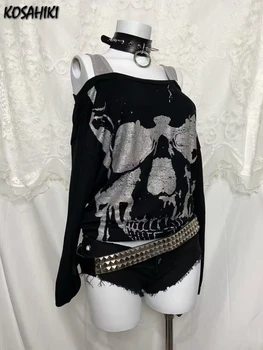 Y2k Fake Two Pieces Vintage Tops Streetwear Slash Neck Skull Print Off Shoulder Gothic Punk Tshirts Women Grunge ​Harajuku Tees 1