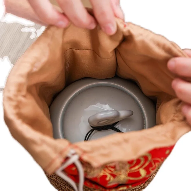 Handwoven Rattan Tea Canister Bag - Round Bottom Drawstring Gift Pouch for Loose Tea & Tea Set Storage - Portable Woven Tea Leaf