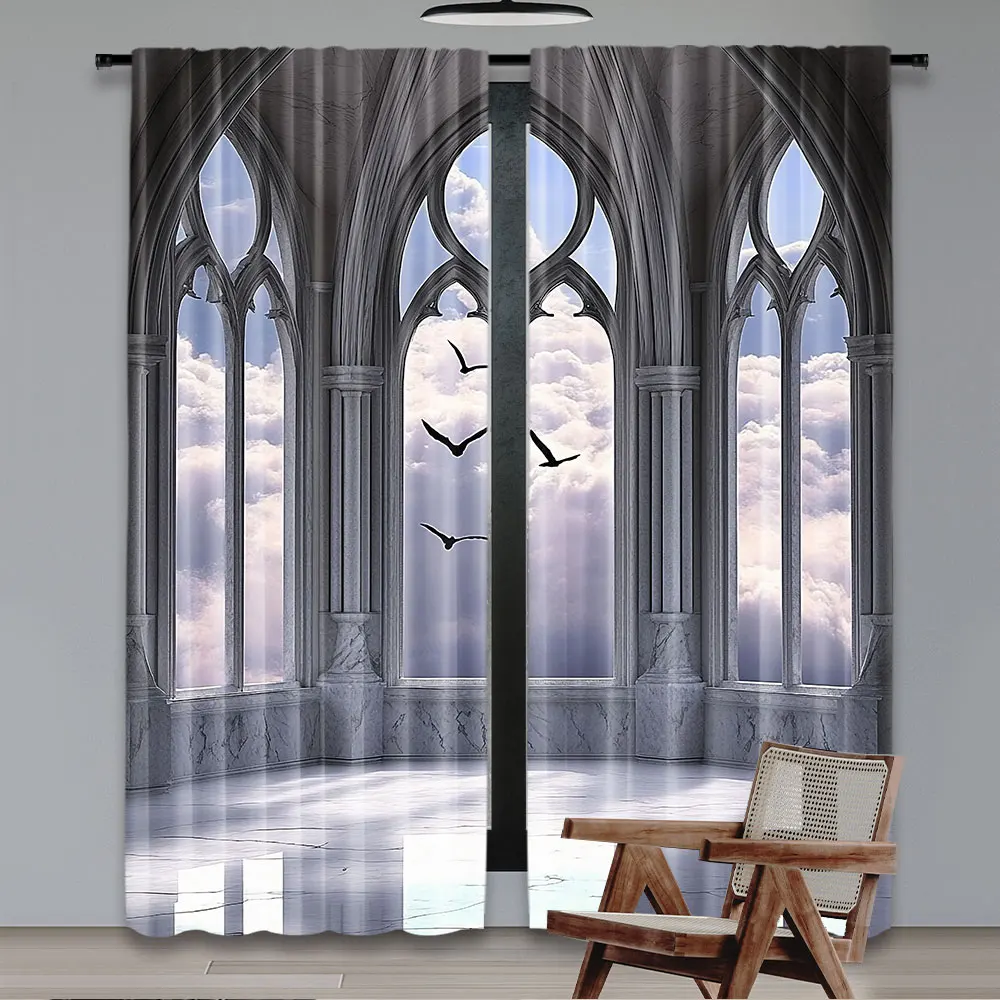 2Pcs Gothic Curtains Medieval Stone Balcony Graphic Design Mystic Middle Age Story For Bedroom Living Room And Dining Room A 2