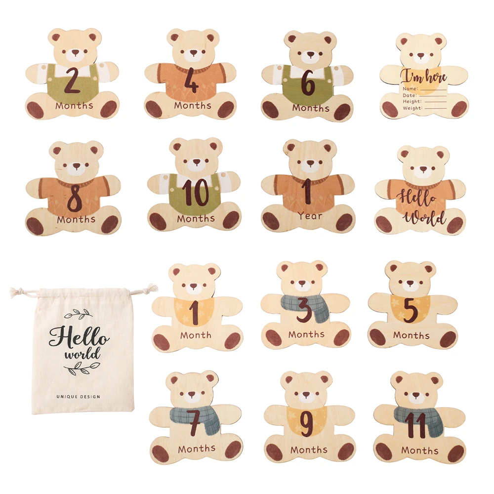 7PCS Baby Wooden Monthly Milestone 0-12 Monthly Cute Little Bear Shape ...