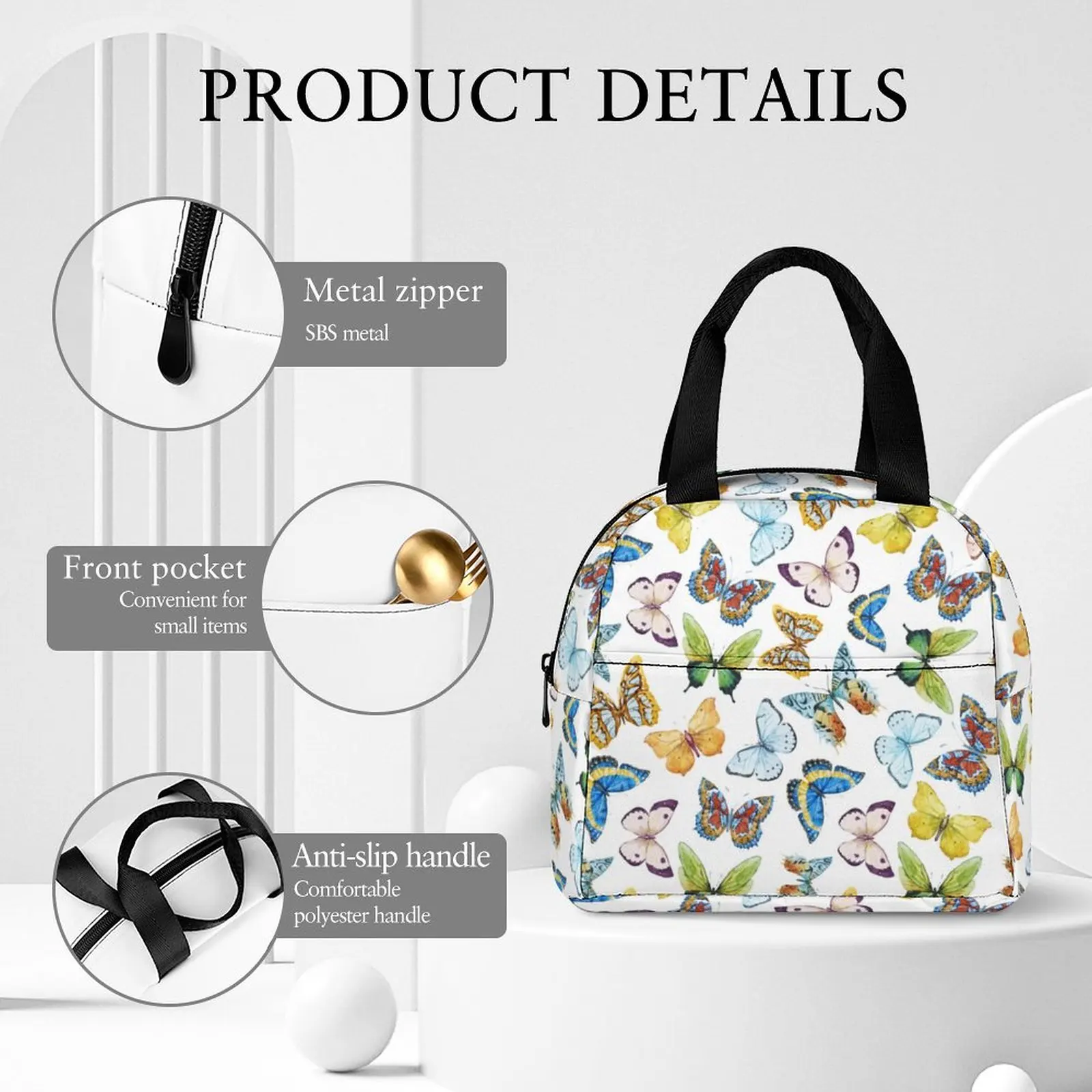 Custom Pattern Tote Lunch Bags for Women Colorful Butterfly Print Portable Meal Bag Picnic Travel Breakfast Box Office School