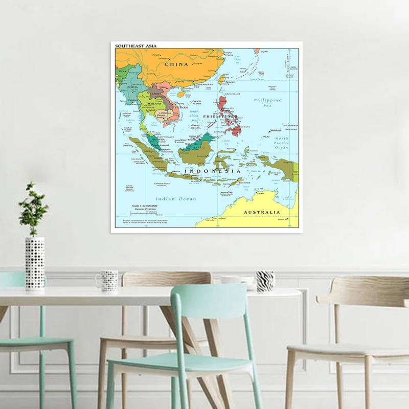 90*90cm The Southeast Asia Map In English Non-woven Canvas Painting Unframed Poster Home Decoration School Classroom Supplies