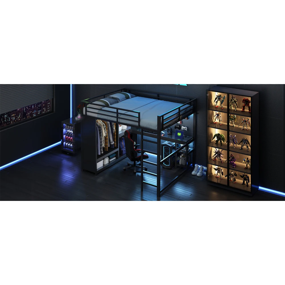 Metall-Gaming-Hochbett mit LED und Schreibtisch Modernes Kinder-Etagenbett mit Offenem Kleiderschrank Aufbewahrungsboxen Schwarz Ideal für Kinderschlaf und -spiel – Detail 35