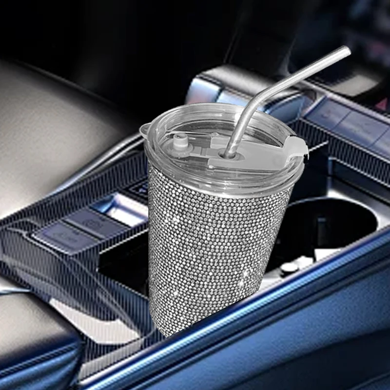 다이아몬드 상감 음료 컵, 심플하고 세련된 스테인레스 스틸 빨대 커피 컵, 다이아몬드 상감 550ml, 1 PC