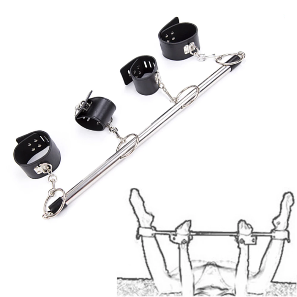 Expandable-Metal-Spreader-Bar-with-Lock-Catch-Leather-Handcuffs-Ankle