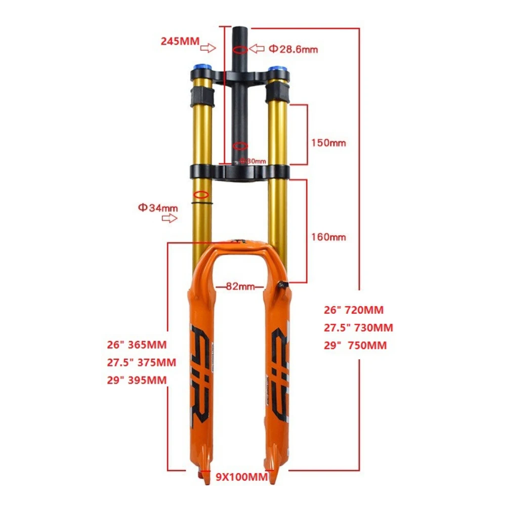 Fourche à suspension pneumatique pour vélo 26/29 pouces - 160 mm de débattement, 100 mm de distance entre les axes, QR 15 mm, fourche à double couronne pour VTT