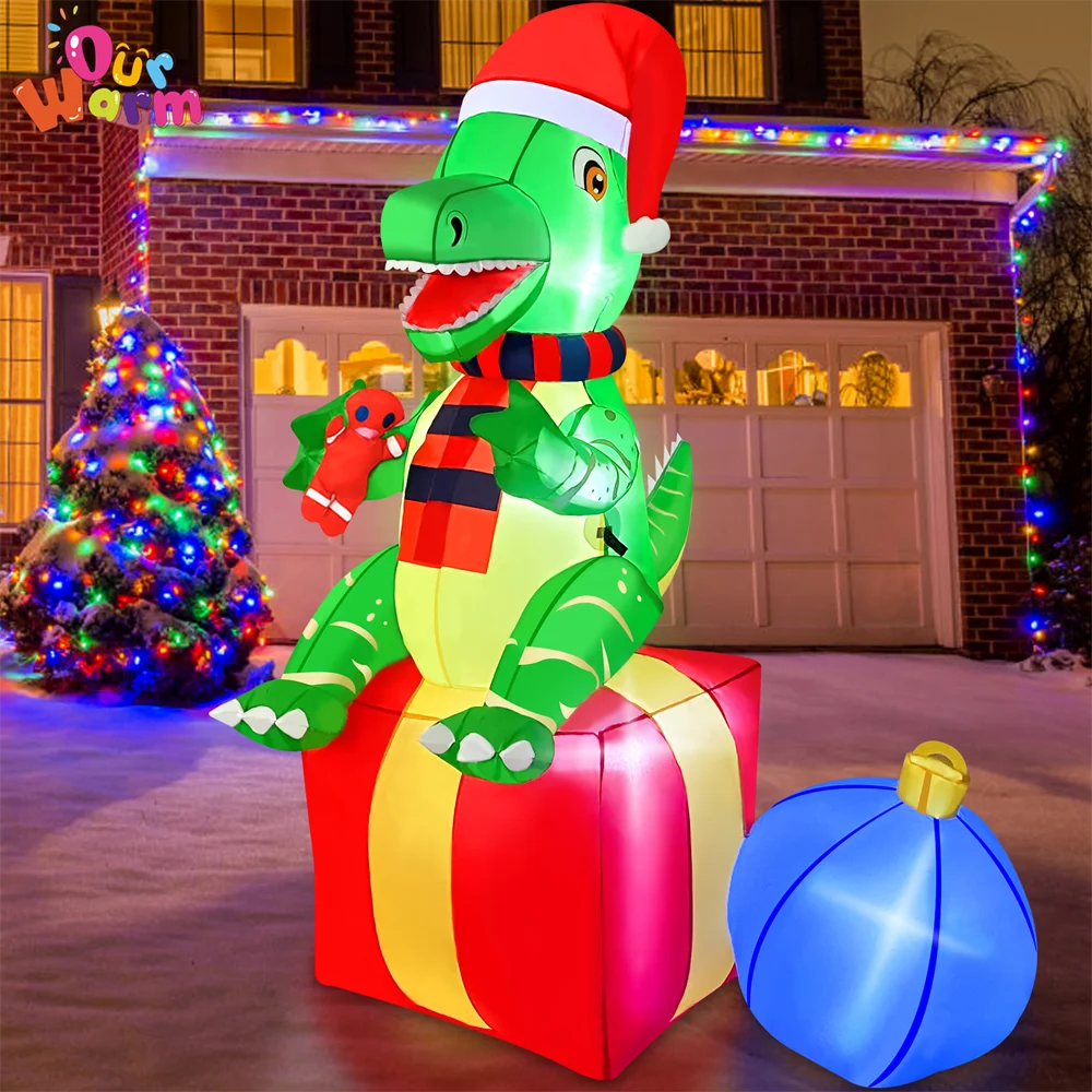 6FT Christmas Inflatables Dinosaur with Hat Gift Box Outdoor