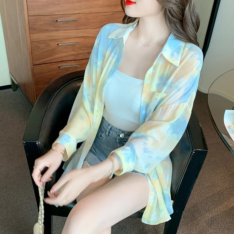 

Шикарная модная рубашка оверсайз, летняя свободная крутая дышащая шифоновая Солнцезащитная блузка-кардиган, прозрачная рубашка Y2K