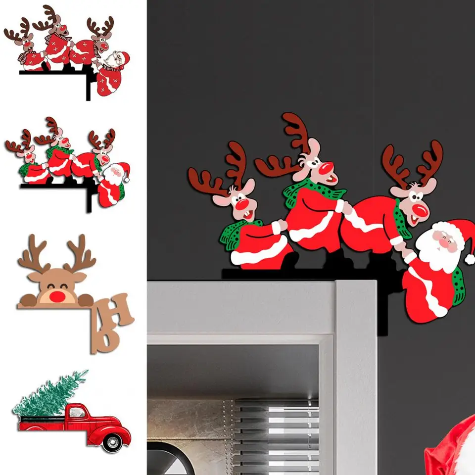 De Kerstman In Slee Met Rendier. Vector Sticker. Zwart Vector Silhouet Geisoleerd Aan Wit Achtergrond