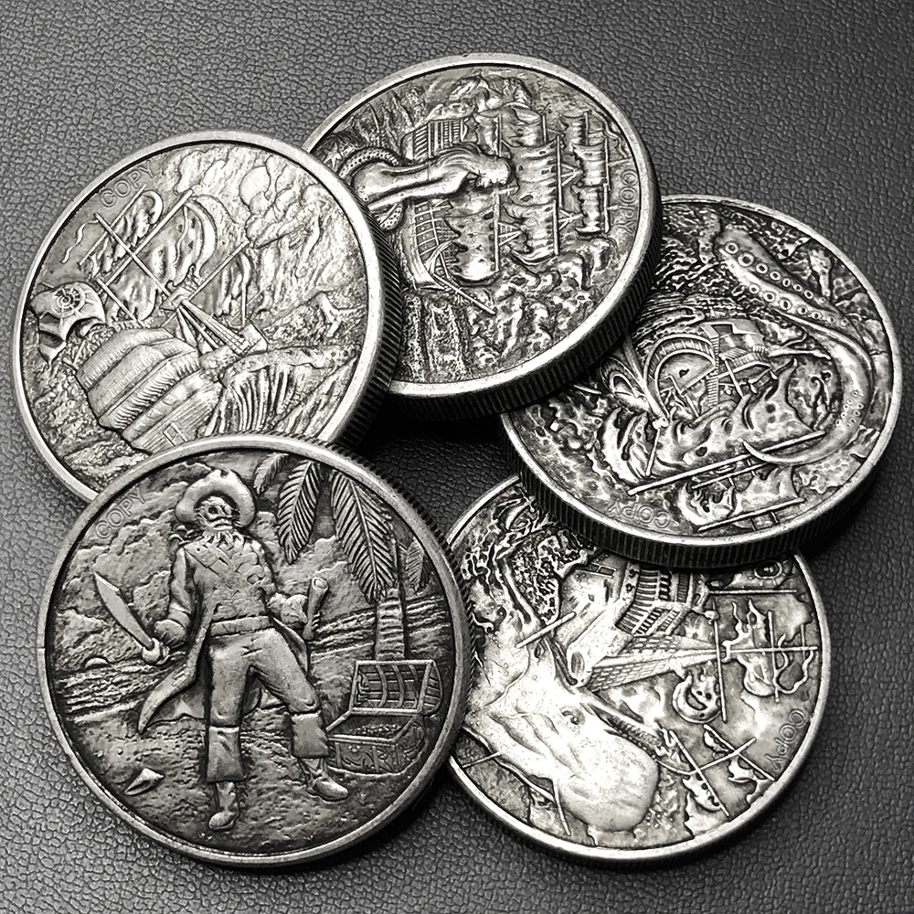 Collectible Coins 40mm Pirates of the Caribbean Medal Lucky Coin Mermaid Whale Sailor Octopus Skull Silver Replica Coins Home Decor