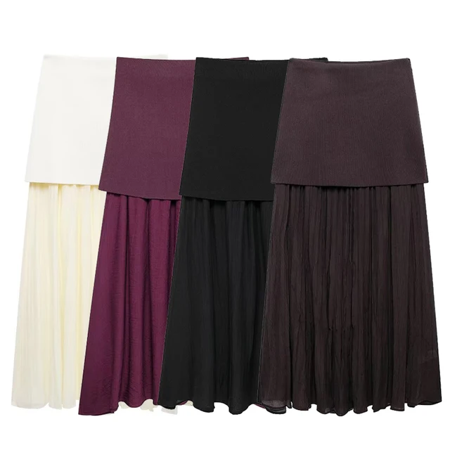 Willshela Women Fashion Knitted Patchwork Pleated Side Zipper Midi Skirt Vintage High Waist Female Chic Lady Skirts