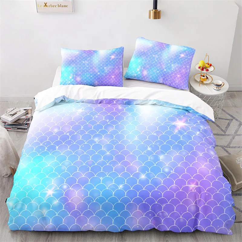 Colorful Fish Scales Bedding Set For Kids Girl Blue Pink Mermaid Skin Surface Print Duvet Cover With Pillowcases Bedroom Decor 
