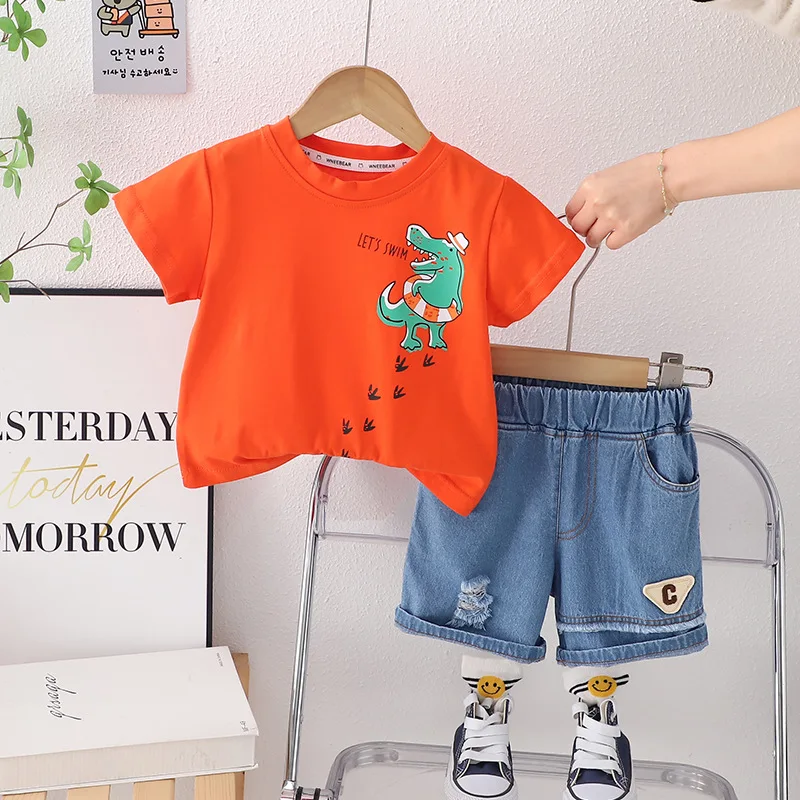 

Designer Baby Boy Summer Clothes Set 2024 Korean Style Cartoon Dinosaur O-neck Short Sleeve T-shirts and Shorts Kids Boys Suits