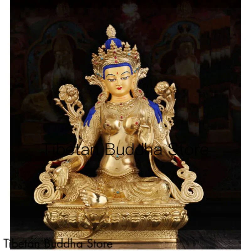 

13'' bronze copper gold carved Tibetan Buddhism Green tara buddha Bodhisattva