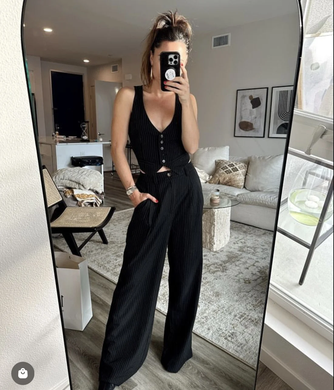 Spring Black Striped Oversized Blazer Women Loose Notched Full Sleeve Suits High Waist Long Flare Pants Halter Tank Tops