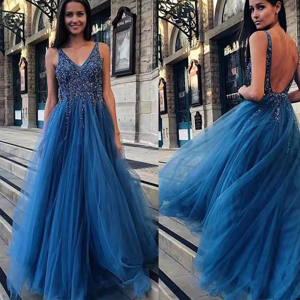 

Romans Navy Blue Evening Dresses for Women A-line vestidos para eventos especialesSpaghetti Straps V-neck Backless Sweep Train