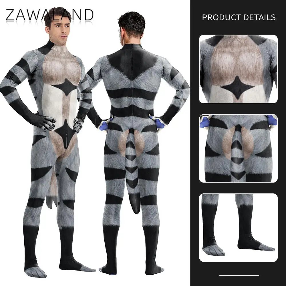 Zawaland Raccoon Furry Petsuit Animal Cosplay Costume Carnival Purim Fancy Zentai Bodysuit Crotch Zipper Party Jumpsuits