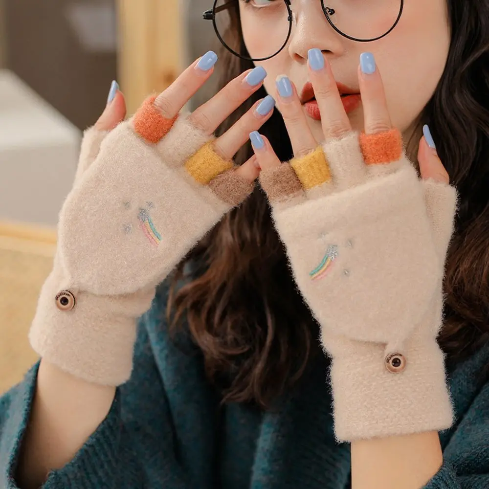 

Rainbow Fingerless Women Velvet Driving Gloves Knitted Cashmere Gloves Wool Mittens Female Gloves Half-finger Gloves