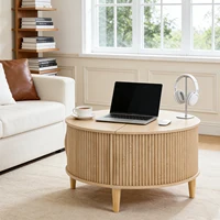 JHK 31IN Round Coffee Table with Flip-Top Storage Fluted Center Table 2-Tier Wood Desktop with Sliding Cabinet Door Living Room