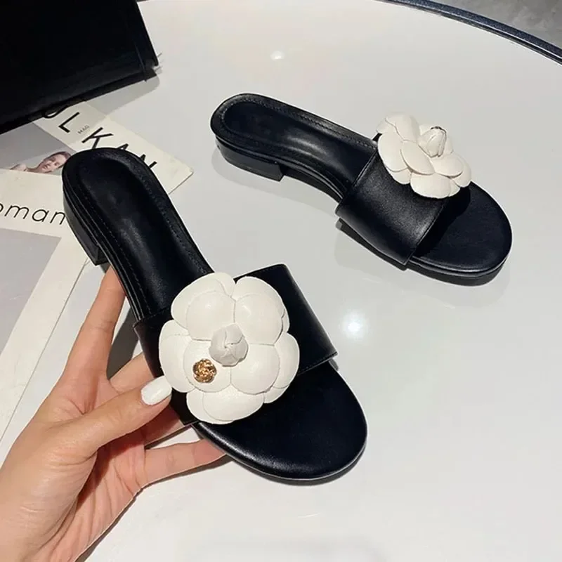 Women's Camellia Design Slippers, Low Heel Summer Sandals, Metal Flower Slippers, 2024