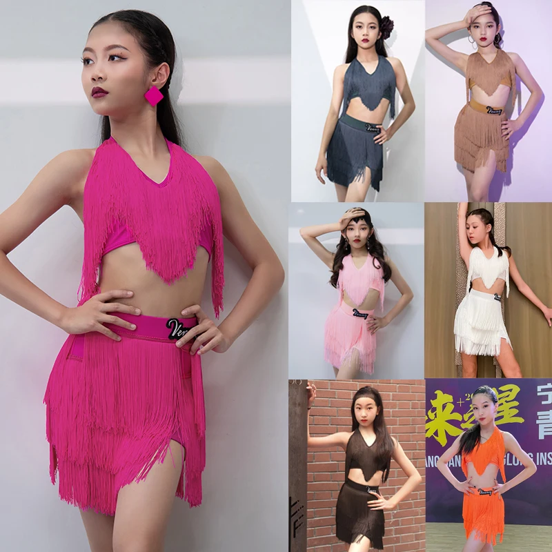 

7 Colors Full Fringed Latin Clothing Girls Latin Tassels Top Skirt Child Latin Dance Costume Ballroom Dance Clothes SL8970