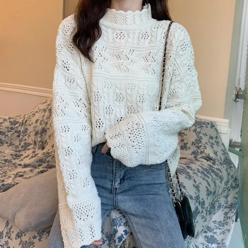 

Vintage Aesthetic Sweaters Women Half Turtleneck Loose Hollow Out Pullovers Woman Clothes 2024 Knitted Sueter Mujer Jumper Y2k