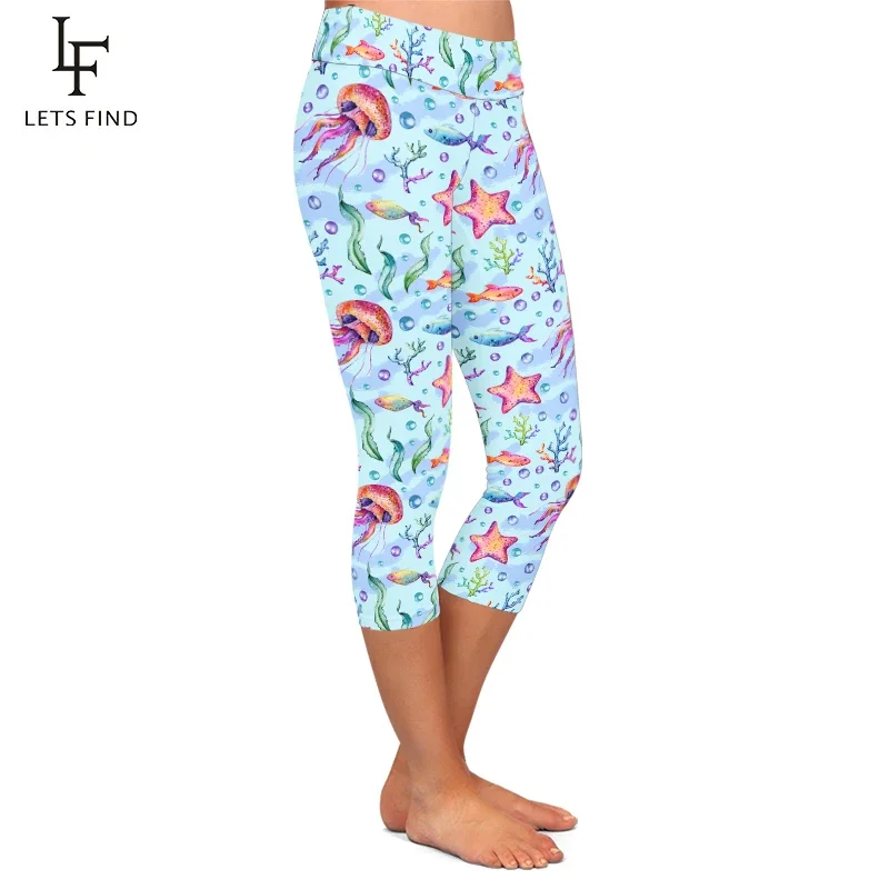 LETSFIND Fashion Jellyfish, Aquatic Plants, Starfish Printing High Waist Women Capri Leggings High Quaility Slim Fitness Pants