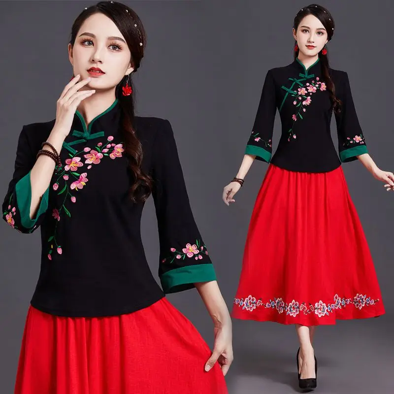 Traditional Embroidery Chinese Clothing For Women Tang Chinese Style Shirt Female Short Sleeve Summer Cheongsam Top Hanfu
