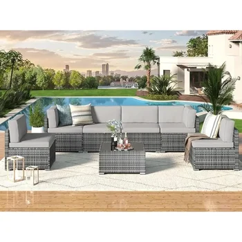 7-piece patio furniture set modular wicker outdoor sectional sofa PE rattan outdoor set with pillowtop cushions and coffee table 6