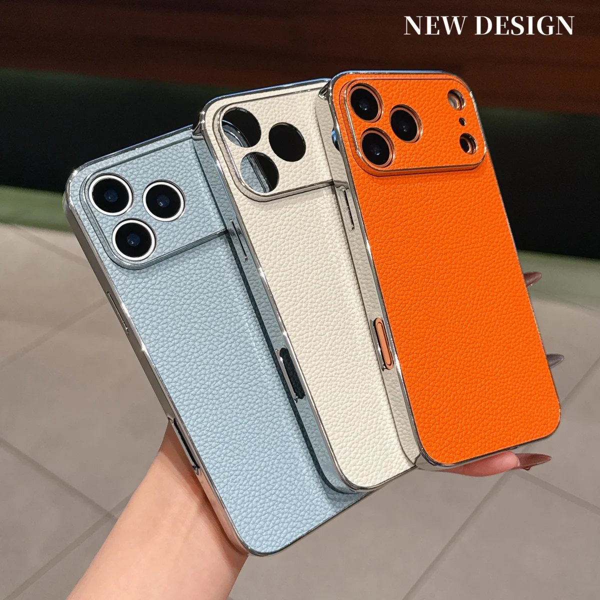 Business Orange Litchi Leather Phone Case with Large Window - Matte Shockproof Cover
