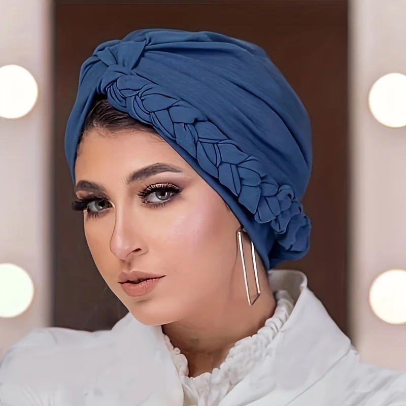 

Solid Color Tied Turban Hijab Caps With Braid Decor Ear Protection Chemo Hats Boho Hat For Ramadan Muslim Inner Hijabs Bonnet